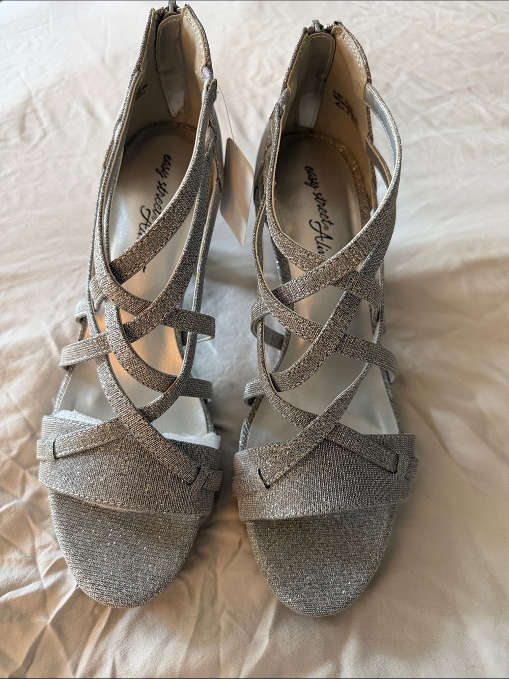easy street Silver Glitter Crisscross Heeled Sandals